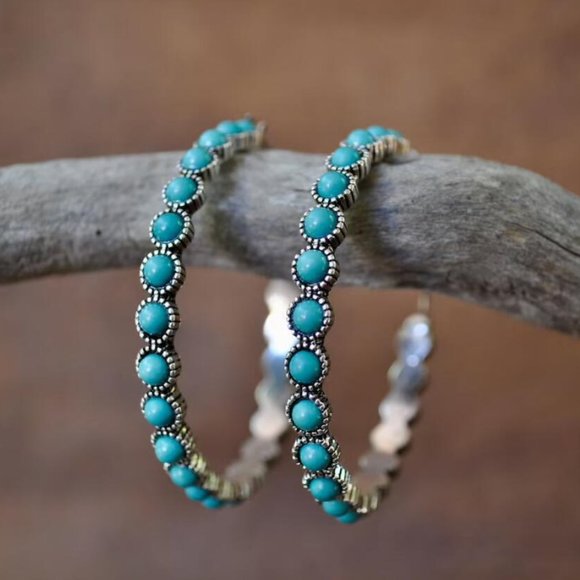 Turquoise Western Studded Silver Hoop Earrings - Picture 1 of 7